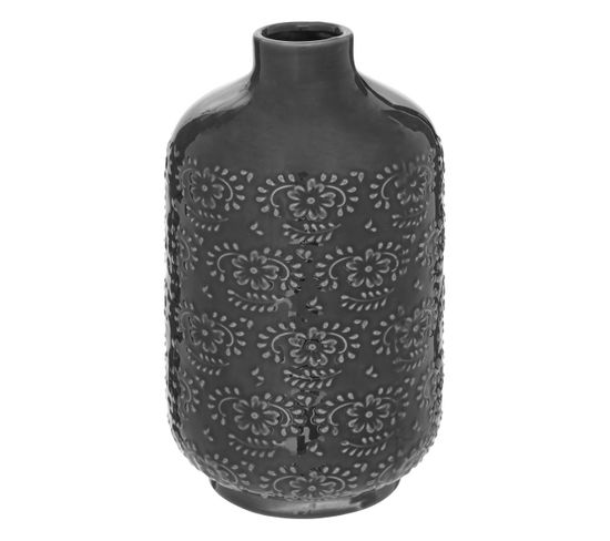Vase En Céramique Émaillée Gris Motif En Relief D. 12 X H. 21,5 Cm