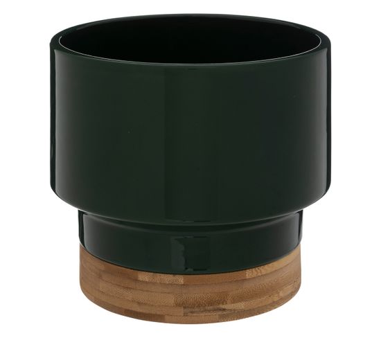Pot En Céramique Vert Foncé Et Bambou D 16 X H 17 Cm