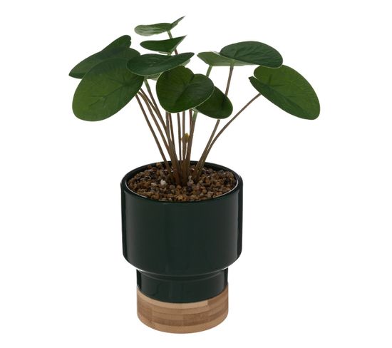 Plante Artificielle Pot En Céramique Vert Foncé Et Bambou H 26 Cm