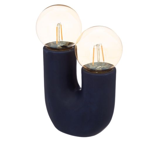 Lampe En Céramique Bleue 2 Globes Led H 22.5 Cm