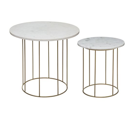 2 Tables À Café Design Marbre Béa - Blanc Et Doré