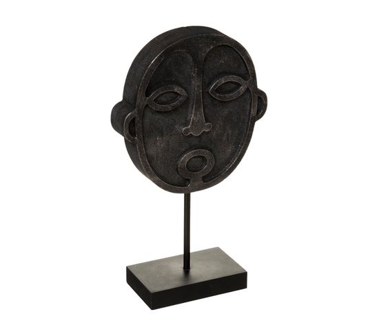 Objet Décoratif Sculpture Masque Safari  En Bois Noir Aspect Vieilli H 34 Cm