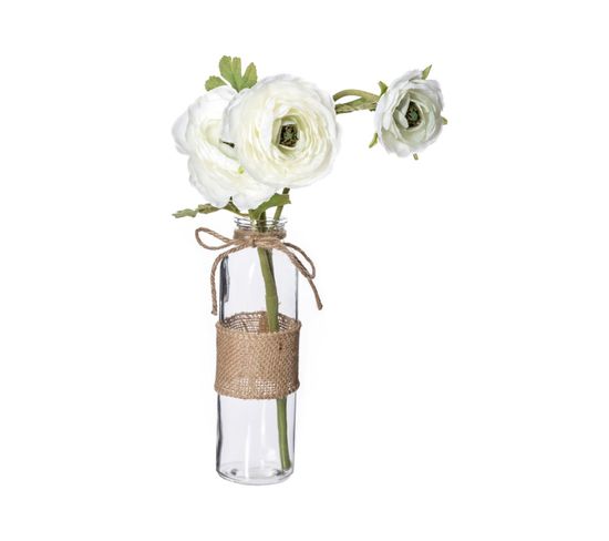 Composition Florale Artificielle Camélia Blanc Vase En Verre H 39 Cm