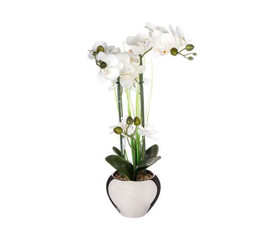 Plante Artificielle Orchidée Dans Un Pot En Céramique Argent H 53 Cm