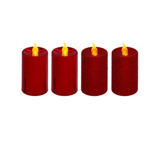 Lot De 4 Bougies Lumineuses Rouge Pailleté Et Rouge Métallisé  H 7.5 Cm