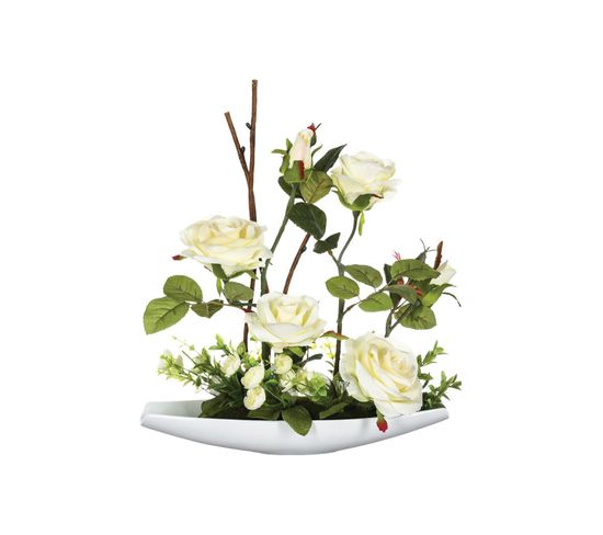 Composition Florale Artificielle Roses Dans Une Coupelle En Céramique L 32 X H 35 Cm