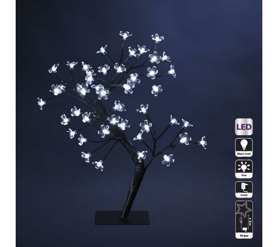 Décoration Intérieure De Noël Arbre Fleurs Prunus Sur Socle 48 LED Blanc Froid H 45 Cm
