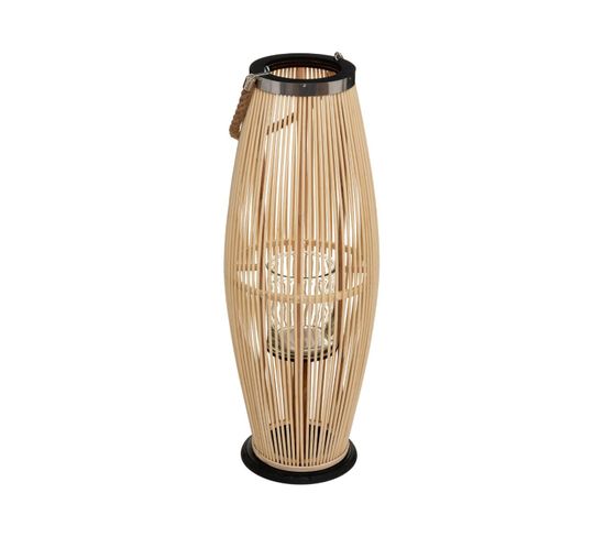 Grande Lanterne En Bambou Naturel Bougeoir En Verre D 27 X H 73 Cm