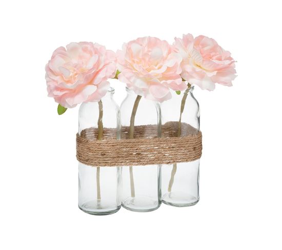 Composition Artificielle De 3 Roses Dans 3 Vases En Verre Liés Par Une Corde