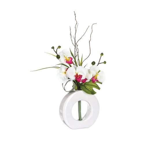 Composition Florale Artificielle D'orchidées Avec Vase Céramique H 44 Cm