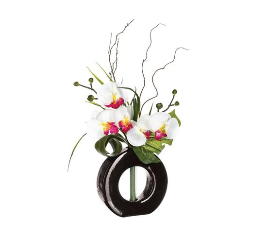 Composition Florale Artificielle D'orchidées Avec Vase Céramique H 44 Cm