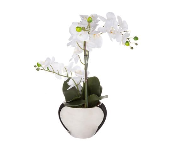 Plante Artificielle Orchidée Dans Pot En Céramique Argenté H 56 Cm