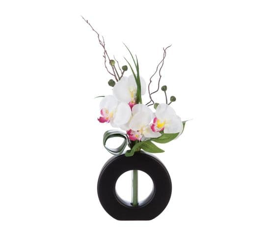 Composition Florale D'orchidées Artificielles Vase Noir En Céramique H 45 Cm