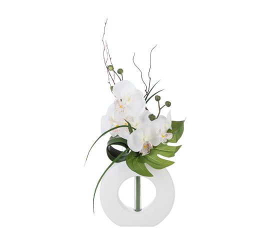 Composition Florale D'orchidées Artificielles Vase Blanc En Céramique H 45 Cm