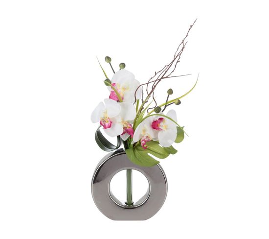 Composition Florale D'orchidées Artificielles Vase Argent En Céramique H 45 Cm