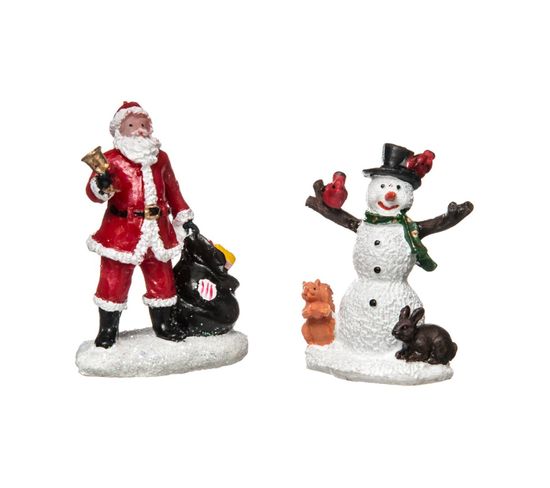 Accessoires Pour Village De Noël Set 2 Figurines Santons Père Noël Et Bonhomme De Neige