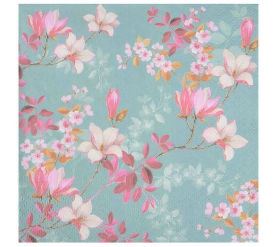 Lot De 20 Serviettes En Papier "magnolias" 33x33cm Bleu