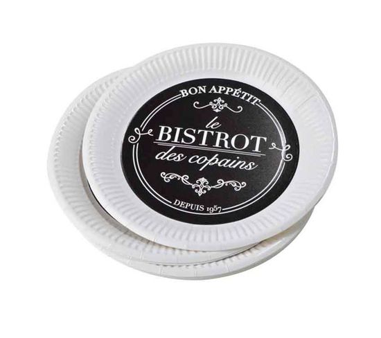 Lot De 10 Assiettes En Carton "bistrot" 18cm Noir Et Blanc