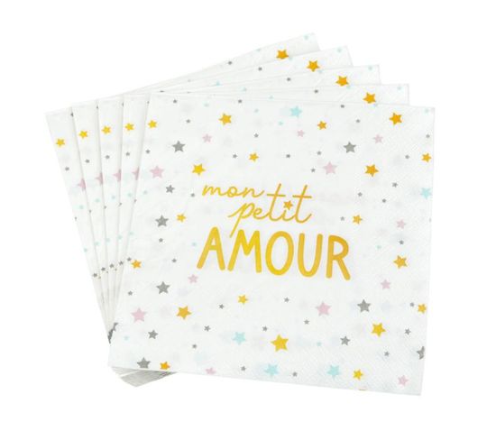Lot De 20 Serviettes En Papier "mon Petit Amour" 33x33cm Blanc