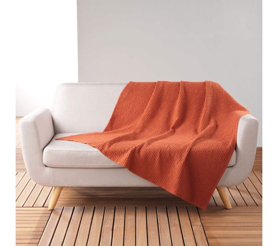 Plaid Gaufrette En Coton Uni Orange 125x150