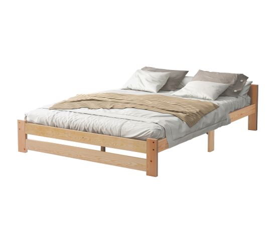 Lit futon en bois massif naturel 200x140 avec tête de lit et sommier à lattes