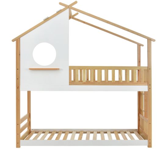 Lit cabane superposé 200x90 avec échelle, lit enfant avec protection antichute en bois de pin, blanc