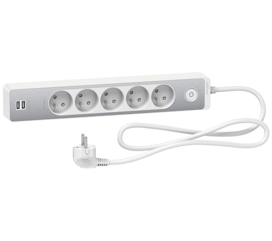 Bloc Multiprises 5 Prises 2p+t Et 2 USB (câble 1,5m) Blanc Et Aluminium - Schneider