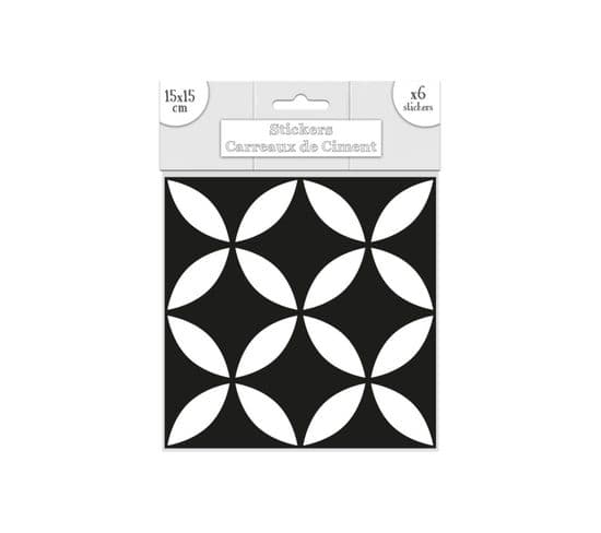 6 Stickers Carreaux De Ciment - 15 X 15 Cm - Motif Géométrique Noir Et Blanc