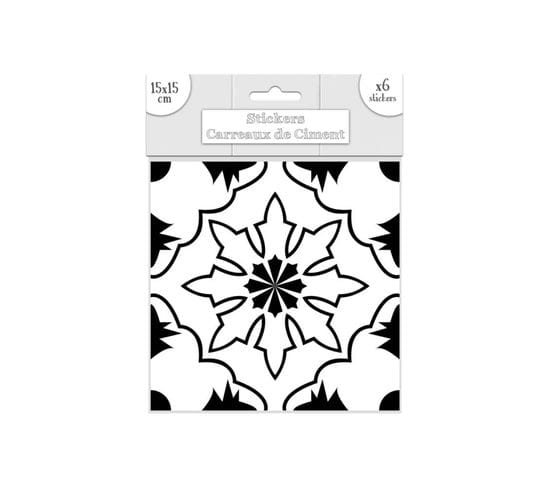 6 Stickers Carreaux De Ciment - 15 X 15 Cm - Blanc Et Noir