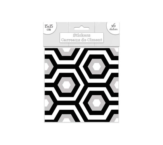 6 Stickers Carreaux De Ciment - 15 X 15 Cm - Noir Et Blanc