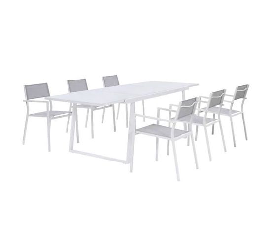 Ensemble Repas De Jardin - Table Extensible 160-240 Cm Et 6 Fauteuils - Structure Aluminium - Blanc