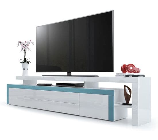 Meuble TV Blanc  Et  Turquoise Laqué  227 Cm