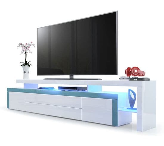 Meuble TV  Blanc Et  Turquoise Laqué  227 Cm + LED Rgb