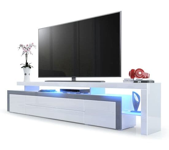Meuble TV Blanc Et  Gris Laqué  227 Cm + LED Rgb