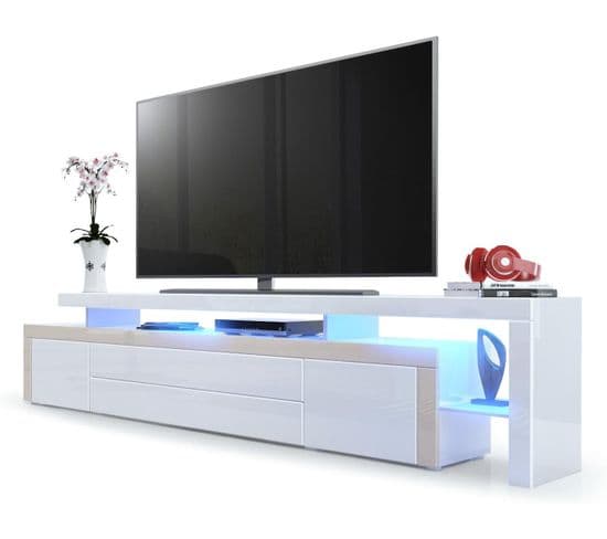 Meuble TV   Blanc Brillant Et Bordure Sable  + LED Rgb (lxhxp): 227 X 52 X 35  Cm