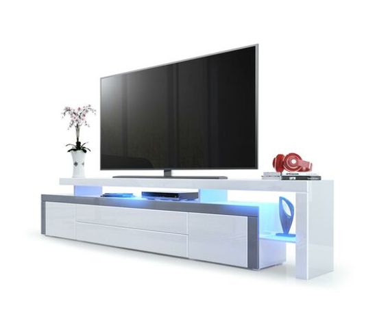 Meuble TV   Blanc Brillant Et Bordure Grise  + LED Rgb (lxhxp): 227 X 52 X 35  Cm