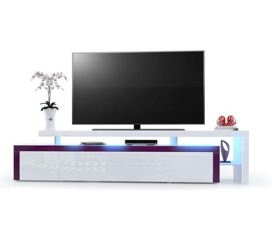 Meuble TV Blanc Brillant Et Bordure Mûre + LED Rgb (lxhxp): 227 X 52 X 35  Cm