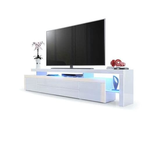 Meuble TV Blanc Brillant Et Bordure Crème + LED Rgb (lxhxp): 227 X 52 X 35  Cm