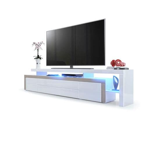 Meuble TV  Laqué Blanc Bordure Aspect Chêne  Avec LED 227 X 52 X 35 Cm