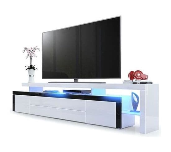 Meuble TV Blanc Et Noir Laqué 227 Cm Avec LED