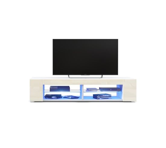Meuble TV Blanc  Mat  Façades En Beige  Laquées LED Bleu (hxlxp) : 30 X 135 X 39