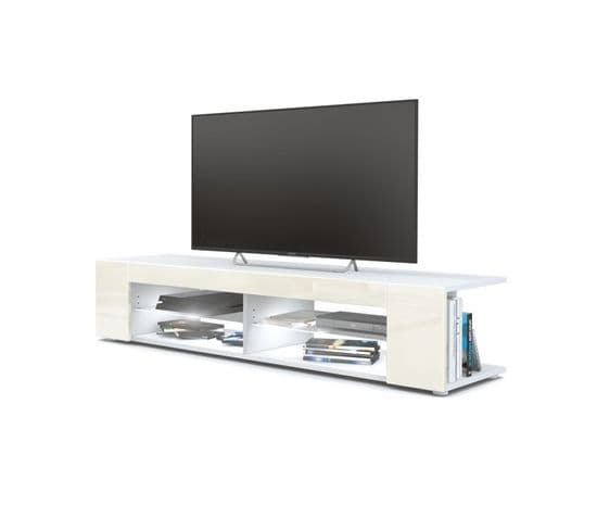 Meuble TV Blanc  Mat  Façades En Beige Laquées + LED Blanc  (hxlxp) : 30 X 135 X 39