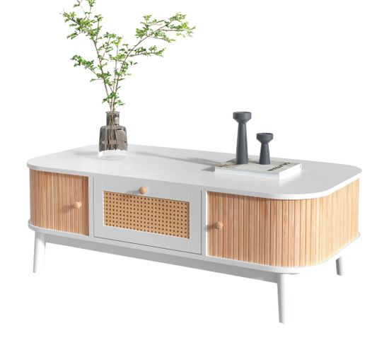 Table basse en rotin, tiroirs en rotin et portes coulissantes en bois, blanc