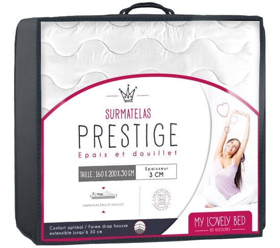 Surmatelas Prestige 160x200 Cm - Epais Et Douillet - Enveloppe 100% Coton - Lavable