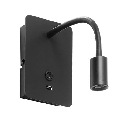 Applique Tête De Lit Noire Flexible Focus Avec Port USB