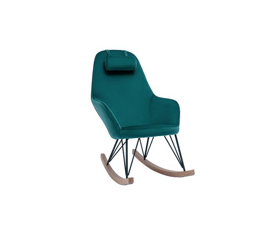 Rocking Chair Design En Tissu Velours Bleu Canard, Métal Noir Et Bois Clair Jhene