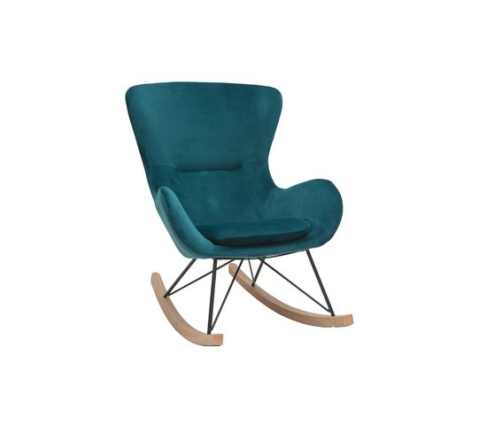 Rocking Chair Design En Tissu Velours Gaufré Bleu Canard, Métal Noir Et Bois Clair Eskua