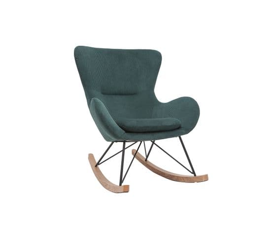 Rocking Chair Design En Tissu Velours Côtelé Vert, Métal Noir Et Bois Clair Eskua