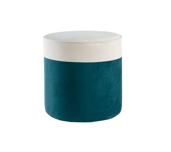 Pouf Design Bicolore En Tissu Velours Blanc Crème Et Bleu Paon D40 Cm Daisy