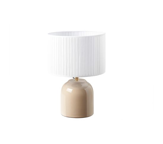 Lampe À Poser Taupe En Céramique Brillante Et Abat-jour En Tissu Plissé Blanc H35 Cm Piega